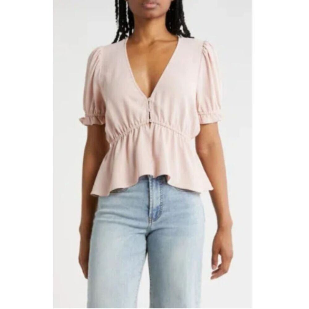 Melrose and Market Button Detail Puff‎ Sleeve Top Pink, Size Large NWT